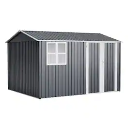 Mondawe - 10X8FT Outdoor Steel Storage Shed with Clear Window, Lockable Doors and Floor Frame - Gray