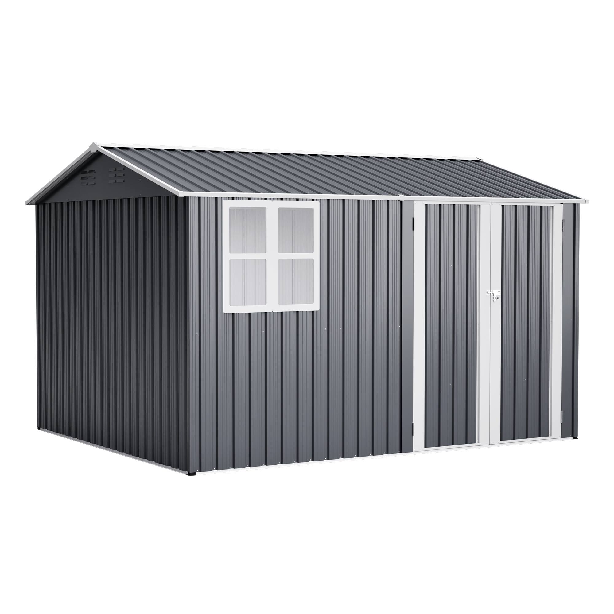 Front. Mondawe - 10X8FT Outdoor Steel Storage Shed with Clear Window, Lockable Doors and Floor Frame - Gray.