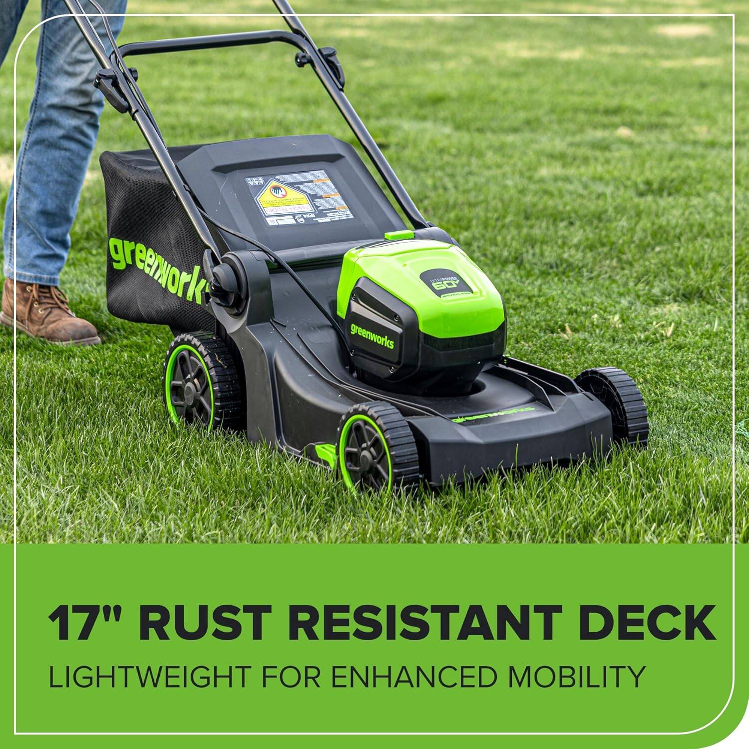 20 greenworks A 60 17" RUST RESISTANT DECK LIGHTWEIGHT FOR ENHANCED MOBILITY