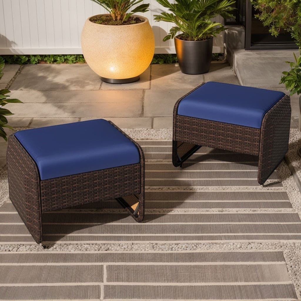 Kadyn - Outdoor Footstool Footrest,2 Pieces Outdoor Patio PE Wicker Ottomans with Removable Cushions-Navy - Blue
