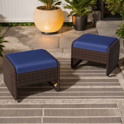 Front. Kadyn - Outdoor Footstool Footrest,2 Pieces Outdoor Patio PE Wicker Ottomans with Removable Cushions-Navy - Blue.