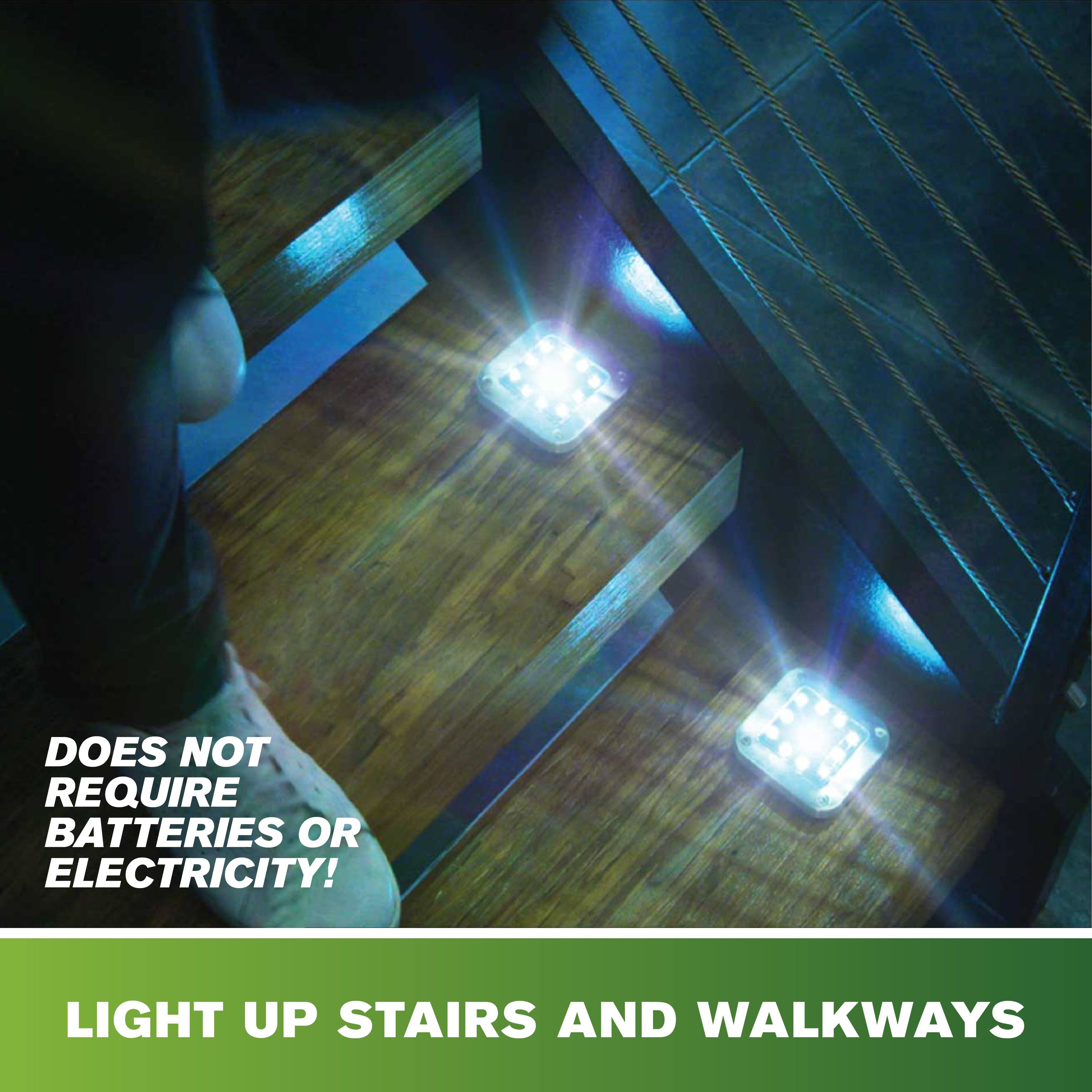 DOES NOT REQUIRE BATTERIES OR ELECTRICITY!  
LIGHT UP STAIRS AND WALKWAYS