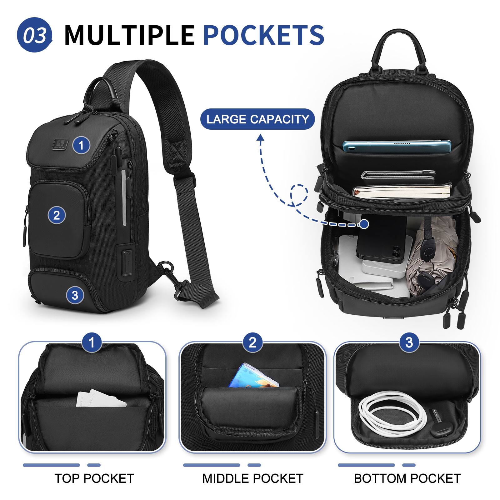 03 MULTIPLE POCKETS

LARGE CAPACITY

1. TOP POCKET
2. MIDDLE POCKET
3. BOTTOM POCKET
