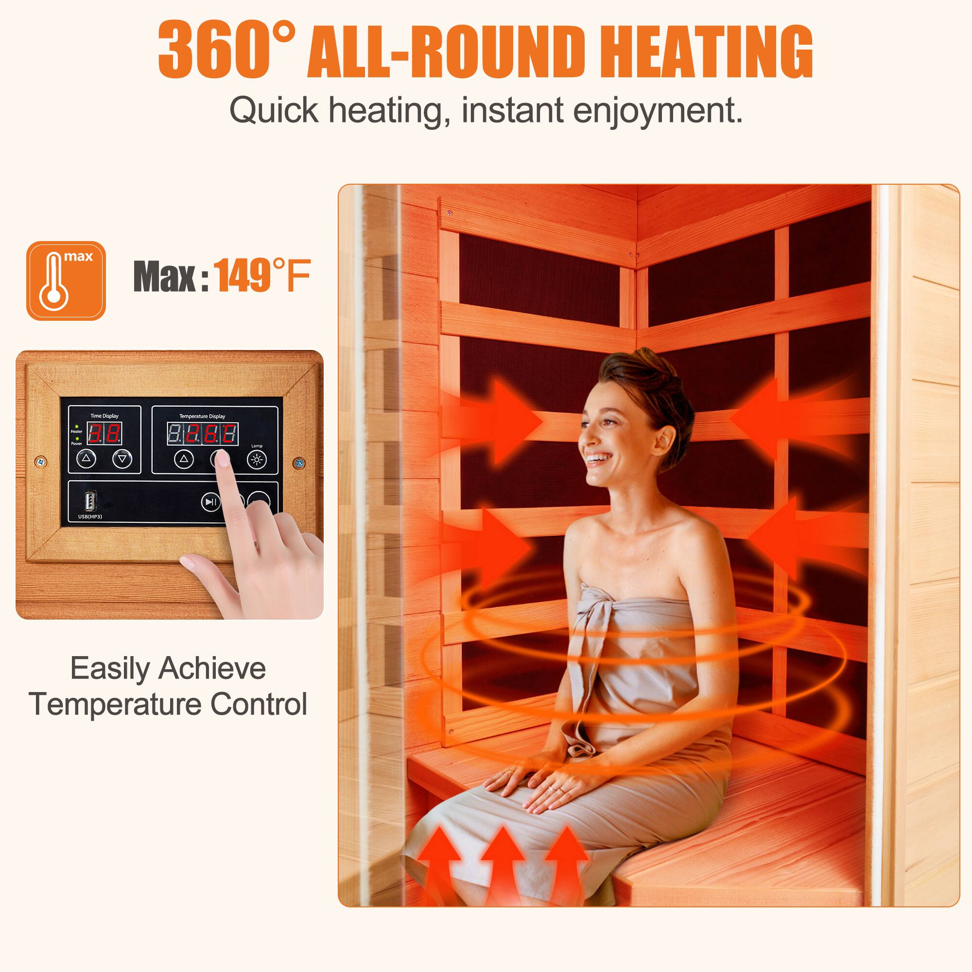 360° ALL-ROUND HEATING  
Quick heating, instant enjoyment.

Max: 149°F

Easily Achieve Temperature Control