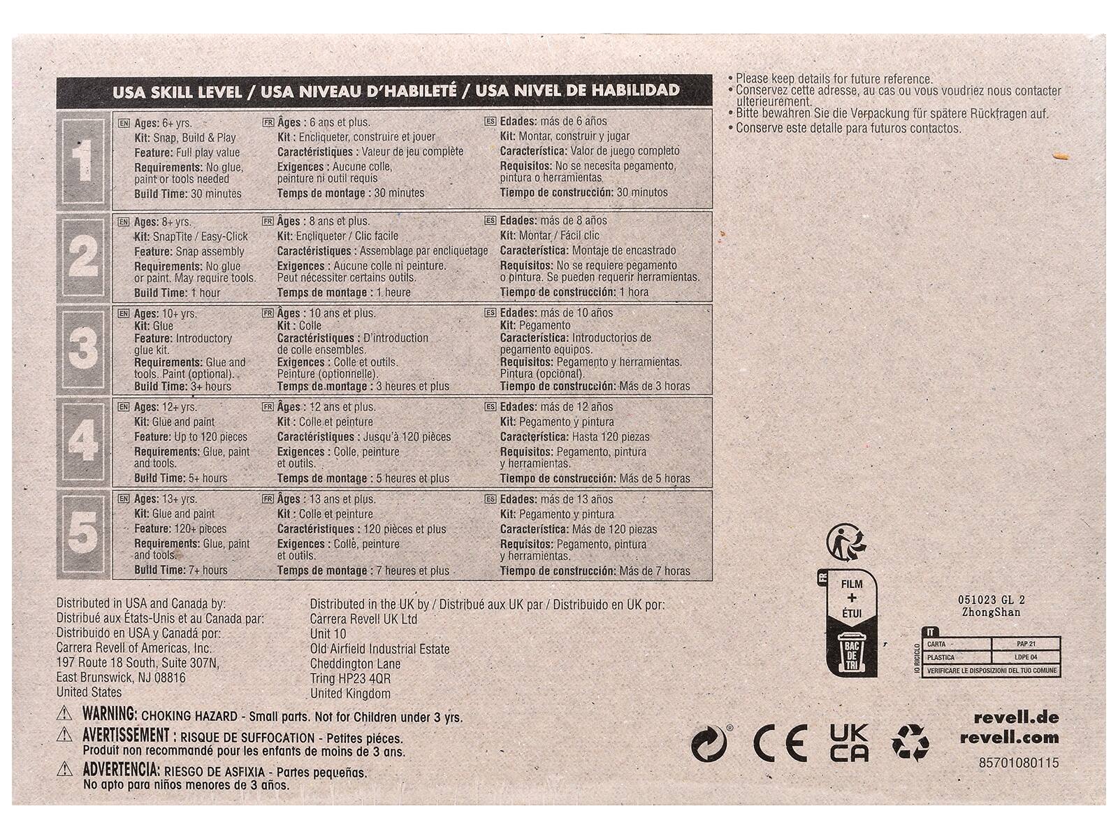 **USA SKILL LEVEL / USA NIVEAU D'HABILITÉ / USA NIVEL HABILIDAD**

1. **Ages: 6+ yrs.**  
   - **Kit:** Snap, Build & Play  
   - **Feature:** Full play value  
   - **Requirements:** No glue, paint or tools needed  
   - **Build Time:** 30 minutes  

2. **Ages: 8+ yrs.**  
   - **Kit:** SnapIt/Easy-Click  
   - **Feature:** Snap assembly  
   - **Requirements:** No glue or paint. May require tools  
   - **Build Time:** 1 hour  

3. **Ages: 10+ yrs.**  
   - **Kit:** Glue  
   - **Feature:** Introductory glue kit  
   - **Requirements:** Glue and tools. Paint (optional)  
   - **Build Time:** 3-4 hours  

4. **Ages: 12+ yrs.**  
   - **Kit:** Glue and paint  
   - **Feature:** Up to 120 pieces  
   - **Requirements:** Glue, paint and tools  
   - **Build Time:** 5