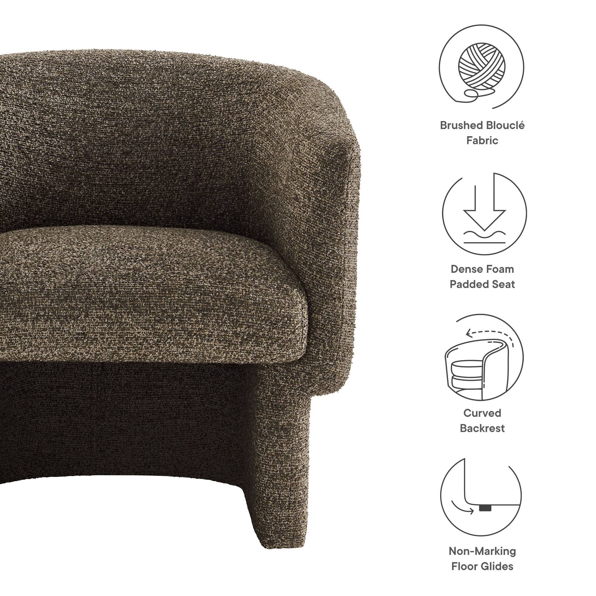 - Brushed Bouclé Fabric
- Dense Foam Padded Seat
- Curved Backrest
- Non-Marking Floor Glides