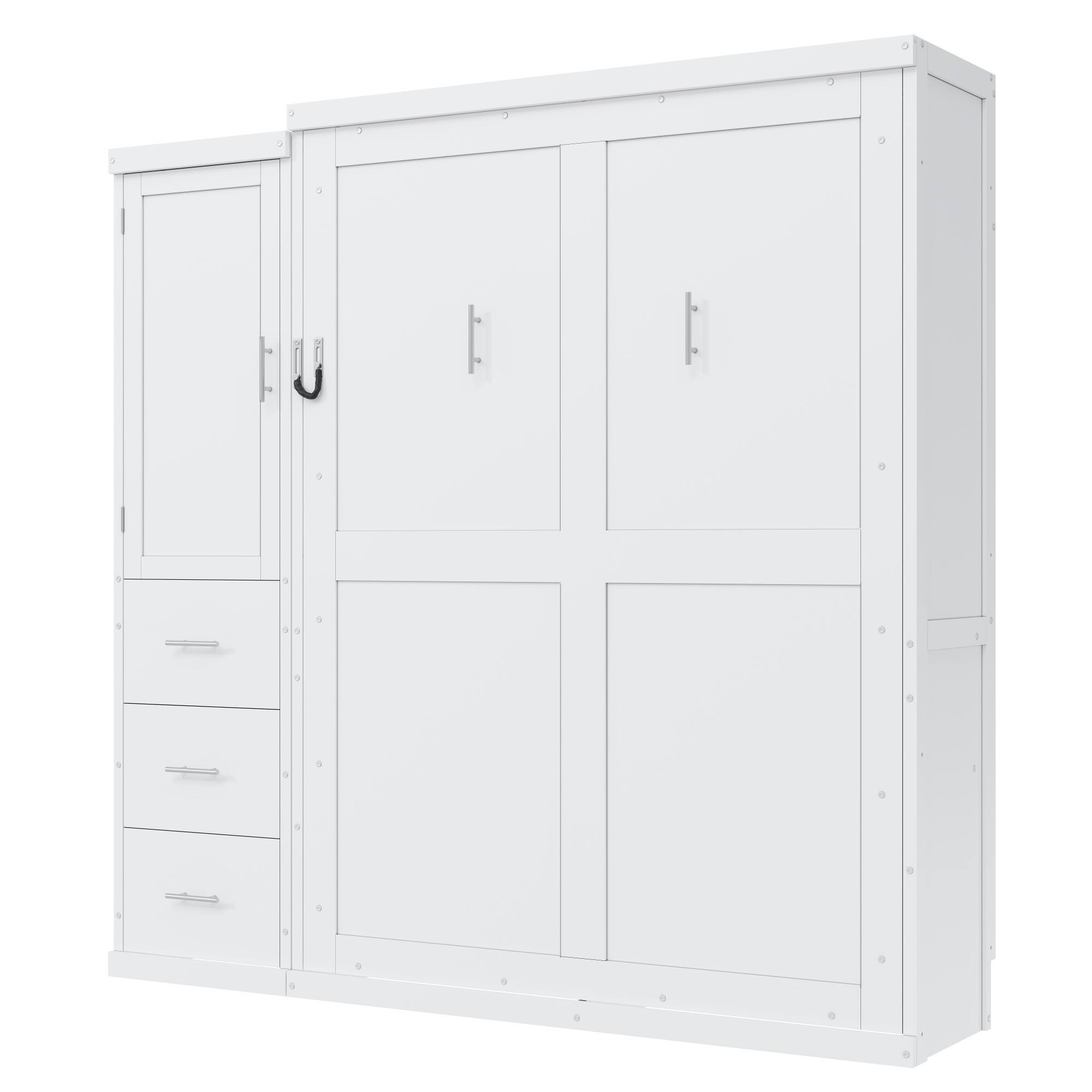 Alt View 2. Whisen - Full Size Murphy Bed Frame with Wardrobe and Drawers, Foldable Storage Cabinet Bed - White.