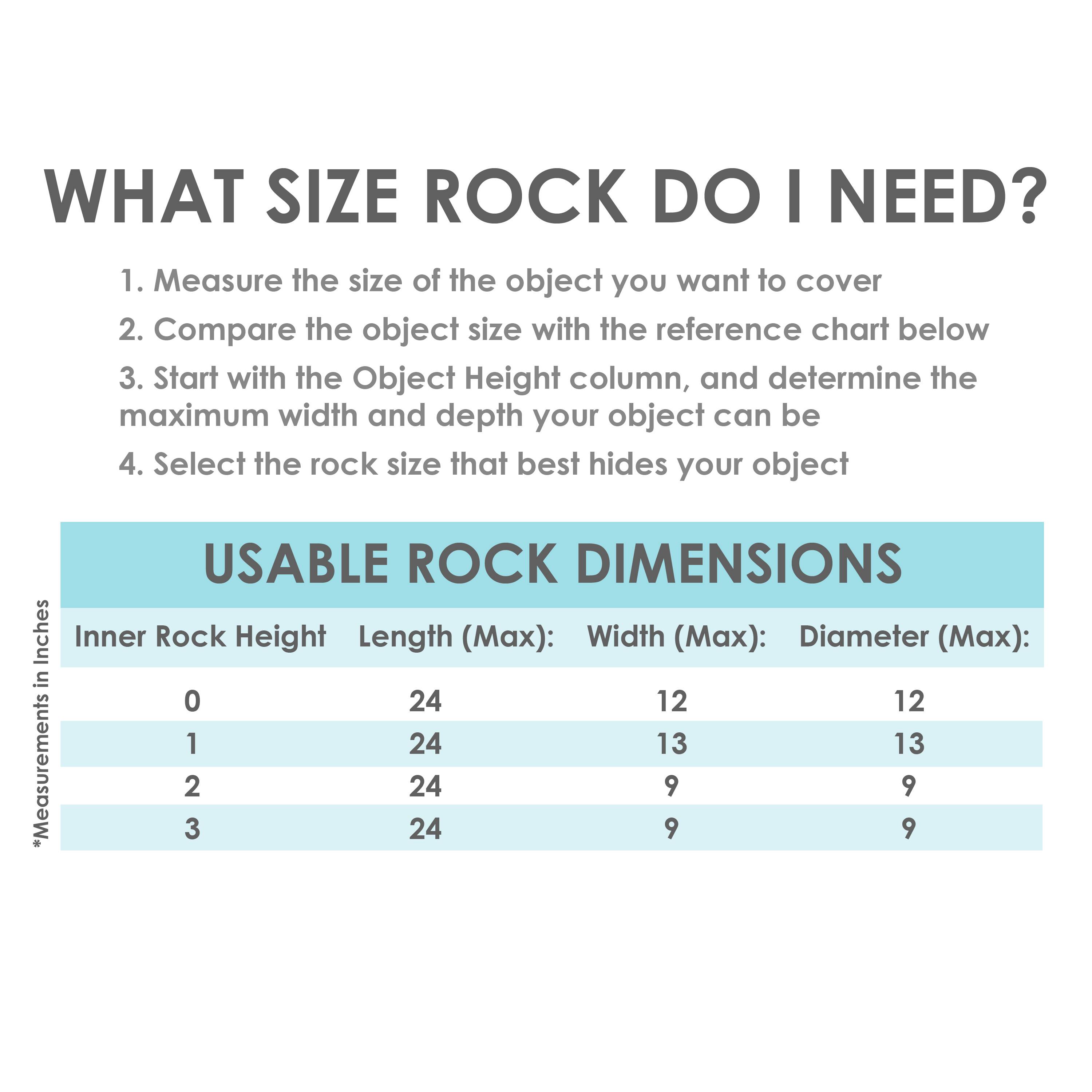 **WHAT SIZE ROCK DO I NEED?**

1. Measure the size of the object you want to cover.
2. Compare the object size with the reference chart below.
3. Start with the Object Height column, and determine the maximum width and depth your object can be.
4. Select the rock size that best hides your object.

**USABLE ROCK DIMENSIONS**

| Measurements in Inches | Inner Rock Height | Length (Max) | Width (Max) | Diameter (Max) |
|----------------------|------------------|-------------|------------|---------------|
| 0                    | 24               | 12          | 12         | 12            |
| 1                    | 24               | 13          | 13         | 13            |
| 2                    | 24               | 9           | 9          | 9             |
| 3                    | 24               | 9           | 9          | 9             |