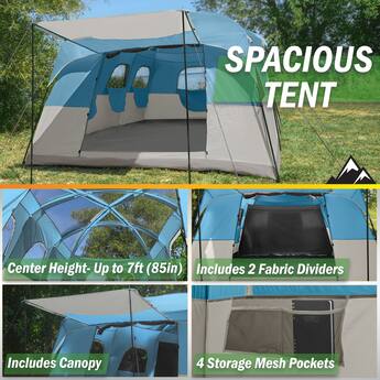 camping tent with room dividers and mesh storage pockets