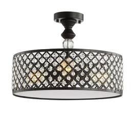 Jonathan Y - Elise 17" 3-Light Crystal/Metal Drum Semi-Flush Mount, Black - Black/Clear
