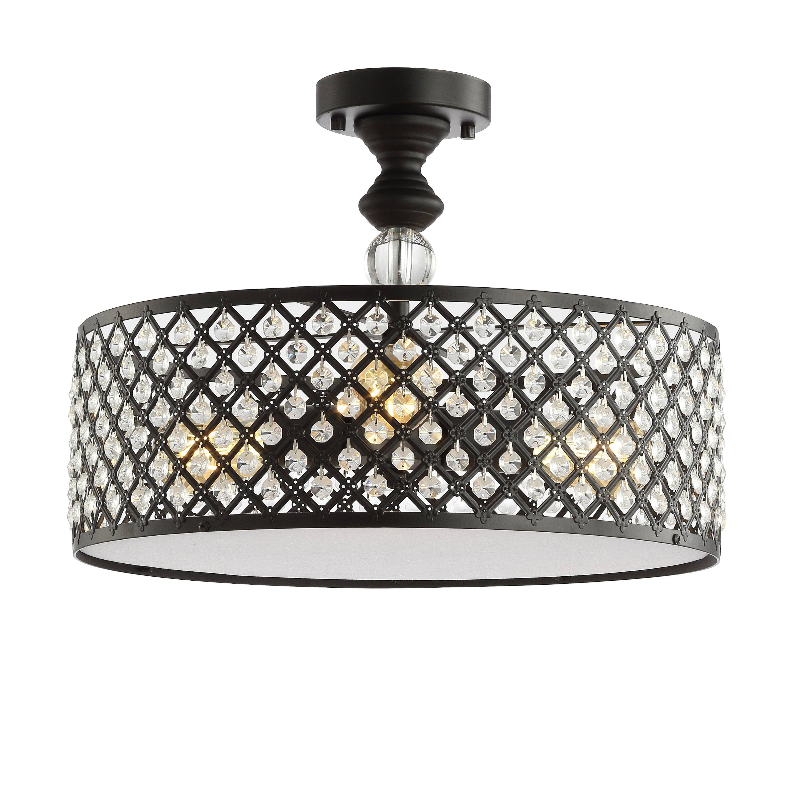 Jonathan Y - Elise 17" 3-Light Crystal/Metal Drum Semi-Flush Mount, Black - Black/Clear