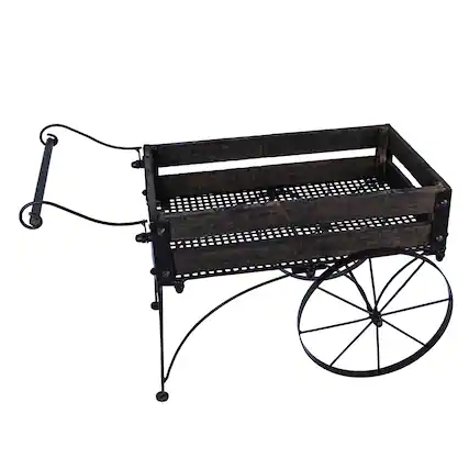 Front. Zeckos - 24 Inch Brown Wood & Metal Wagon Planter Indoor Outdoor Rustic Plant Stand - Brown.