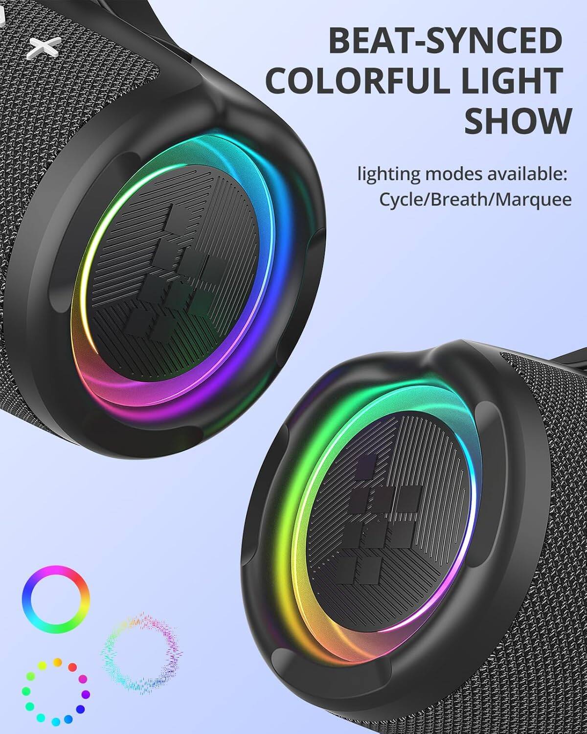 The image features a pair of colorful light show speakers with a beat-synced light show. These speakers have a variety of lighting modes available, including Cycle, Breath, and Marquee. The speakers are designed to provide an immersive and visually appealing experience for users, making them perfect for parties, events, or simply as a fun addition to any room.