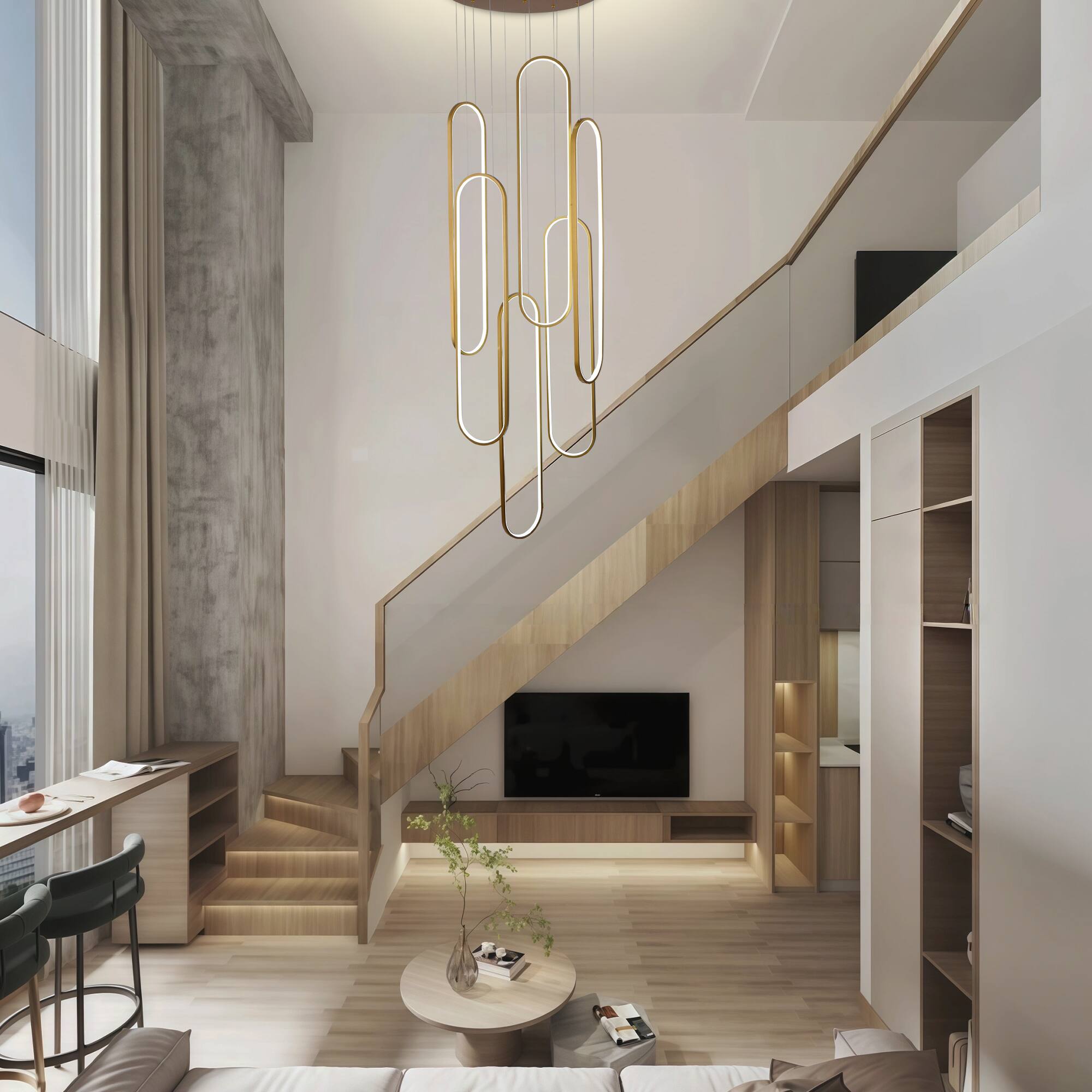 Left. RYHNUYNE - 6-Ring Modern LED Dimmable Pendant Light Fixture,Gold Large High Ceiling Chandelier,Contemporary Light for Staircase - Gold.