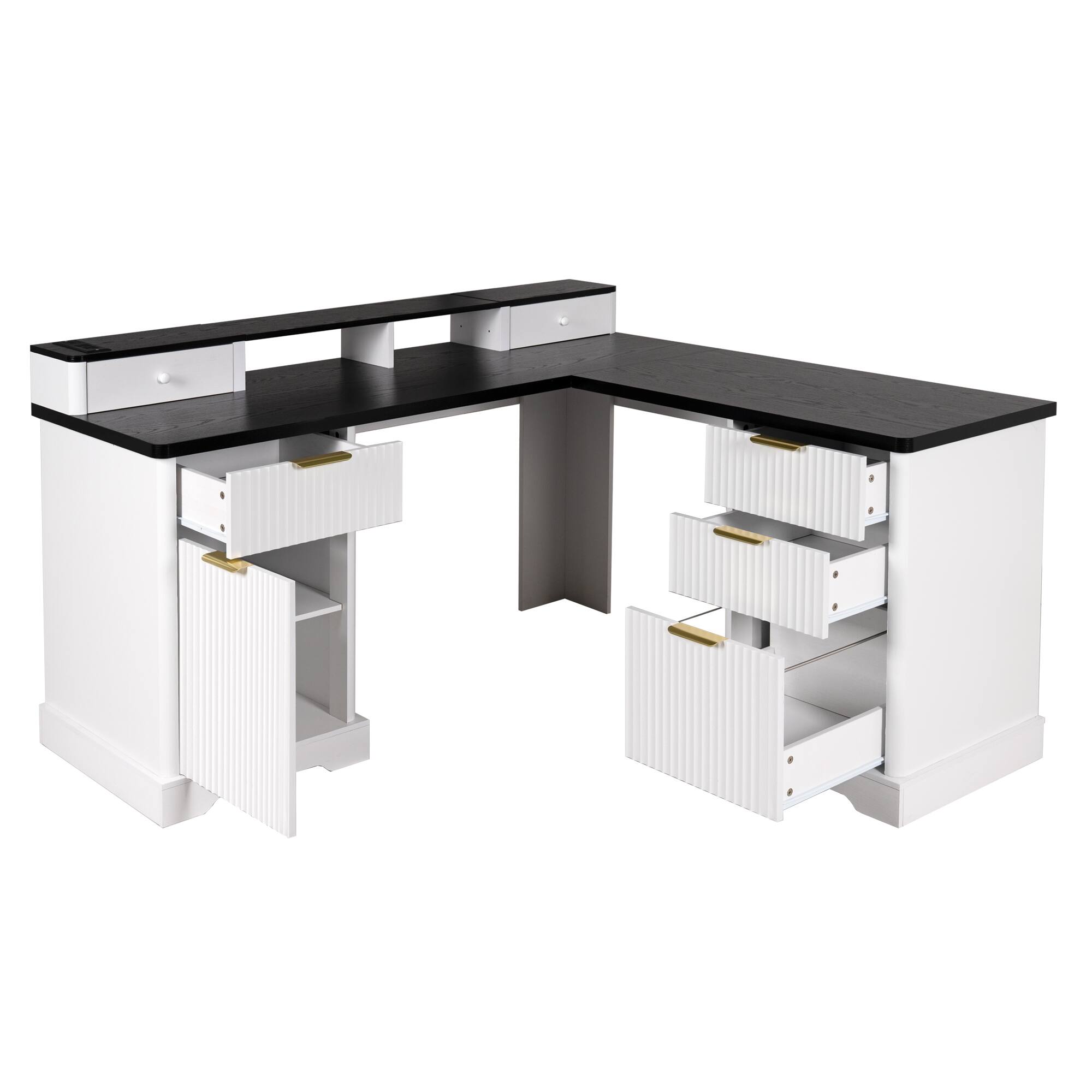 Alt View 4. Boyel Living - 59 Inch Fluted L Shaped Desk with Charging Station and Storage Cabinet White - Dark Walnut.