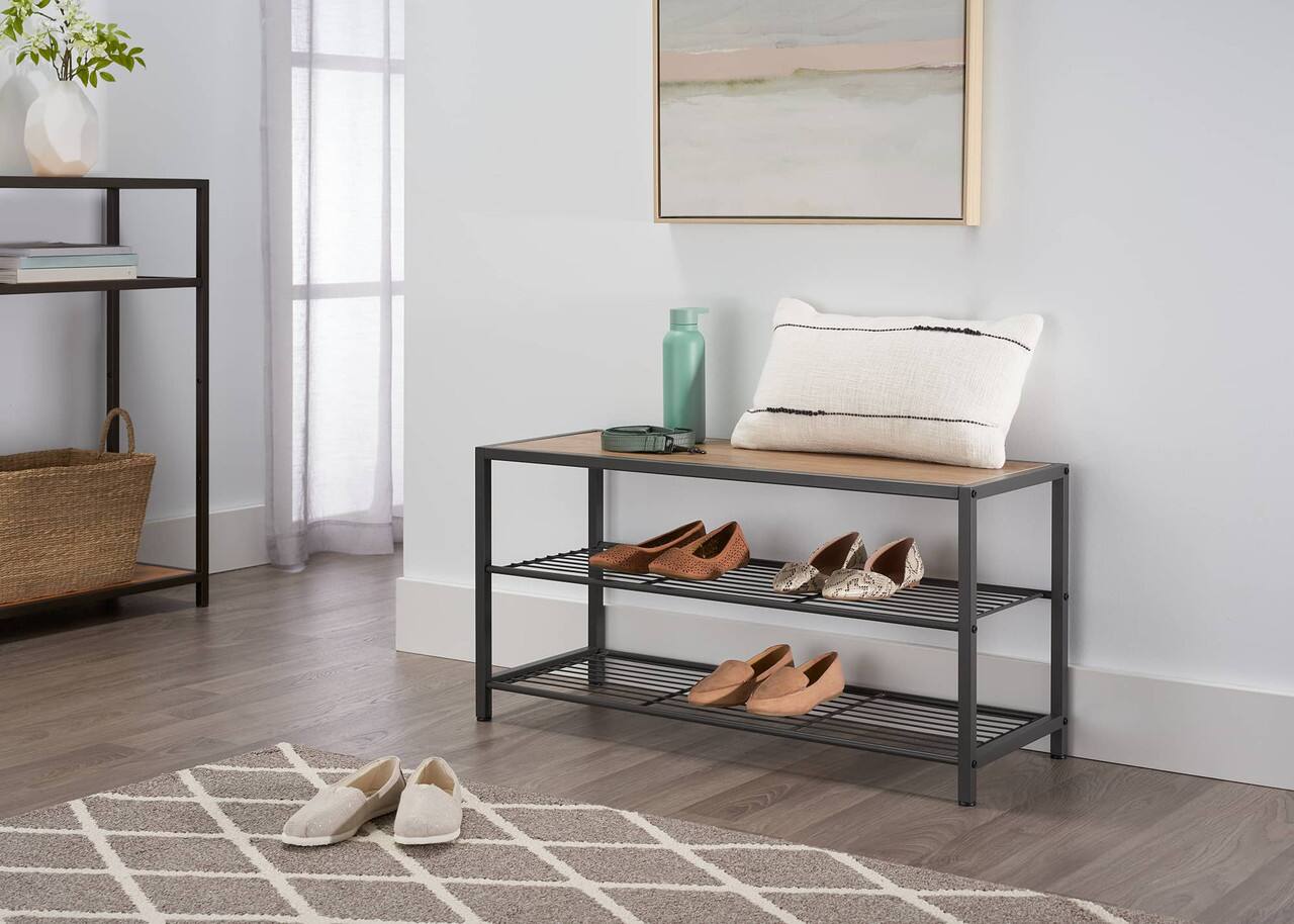 Angle. TRINITY - 3-Tier Shoe Bench w/ Wire Shelves Dark Gray - Dark Gray.