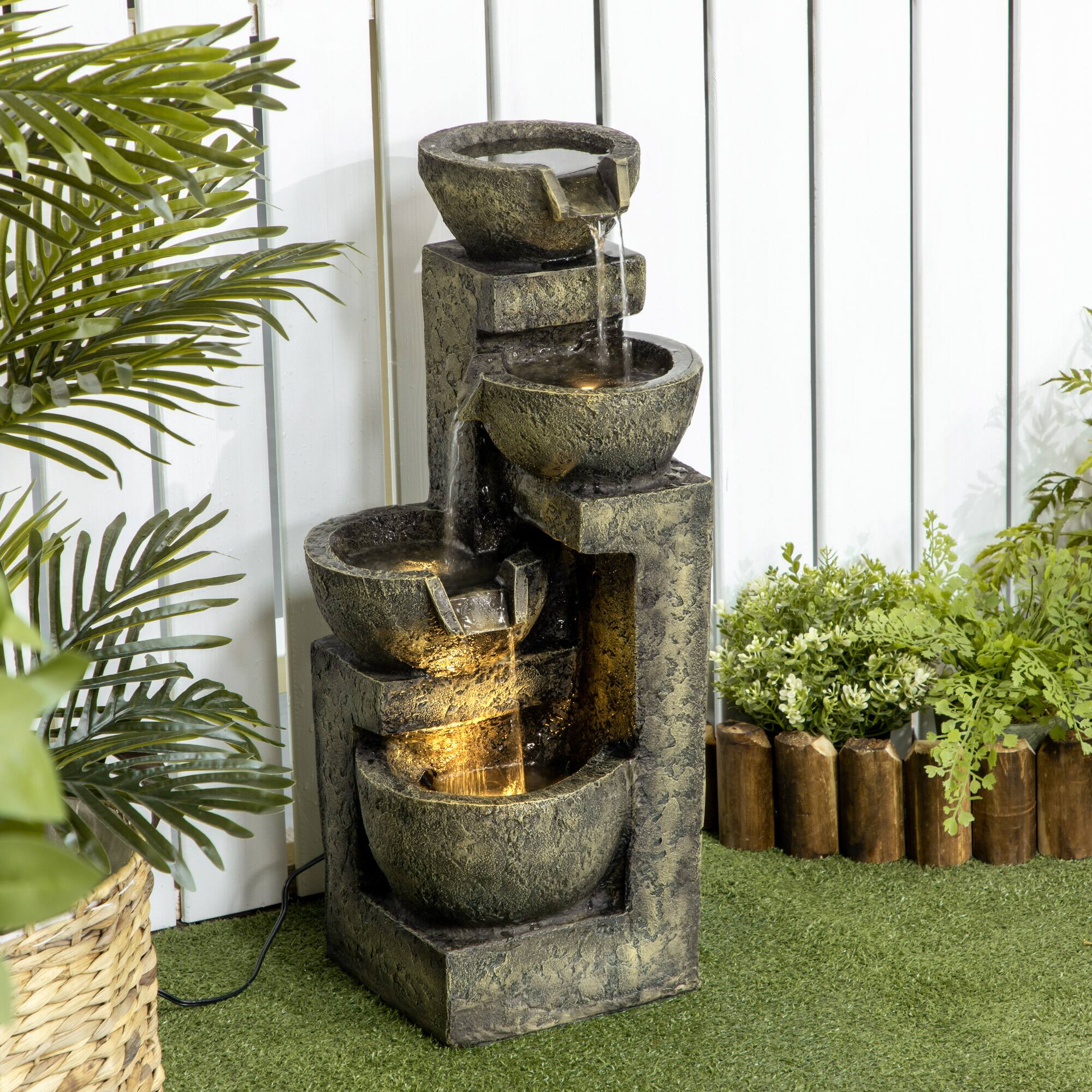 Alt View 1. Outsunny - Fountain with 4-Tier Stacked Stone Look Bowls, Cascading Waterfall - Gray.