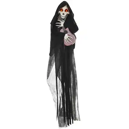 Front. Ecooso - 4.3' Halloween Animatronic Grim Reaper with Guitar Light Up Eyes Creepy Music Sound Activated - Black.