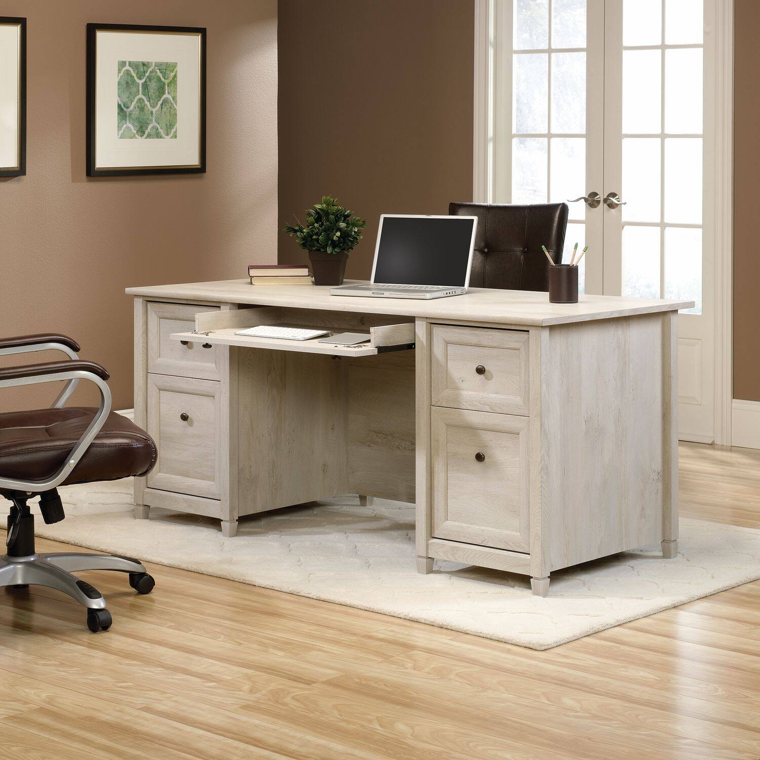 Alt View 2. Sauder - Sauder Edge Water Executive Desk Chalked Chestnut finish - Chalked Chestnut.