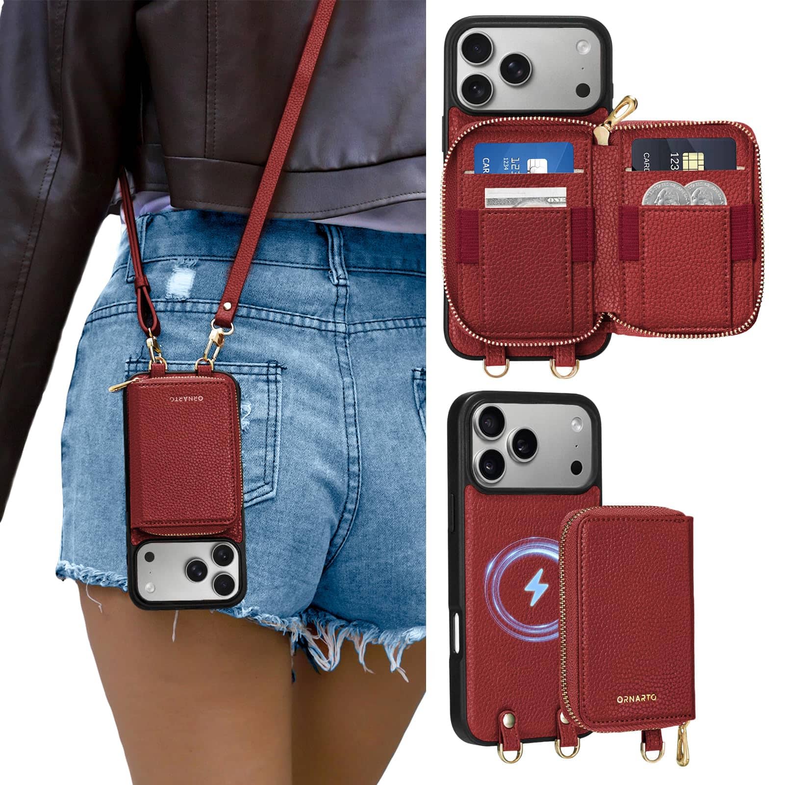 Ornarto - for Detachable Wallet Case for iPhone 17 Pro with MagSafe, Case with Card Holder Wrist Strap - Wine Red