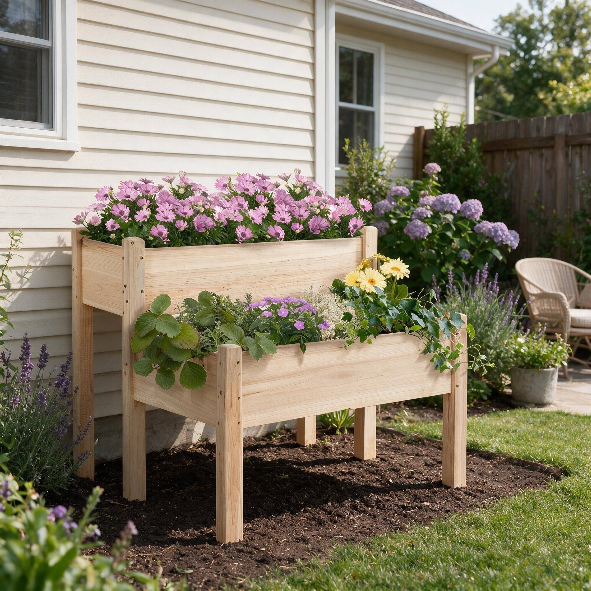 Alt View 1. RYHNUYNE - Outsunny 34"x34"x28" Two-Tier Raised Garden Bed, Solid Fir Wood Elevated Planter Box for Vegetables, Herbs, - Natural.