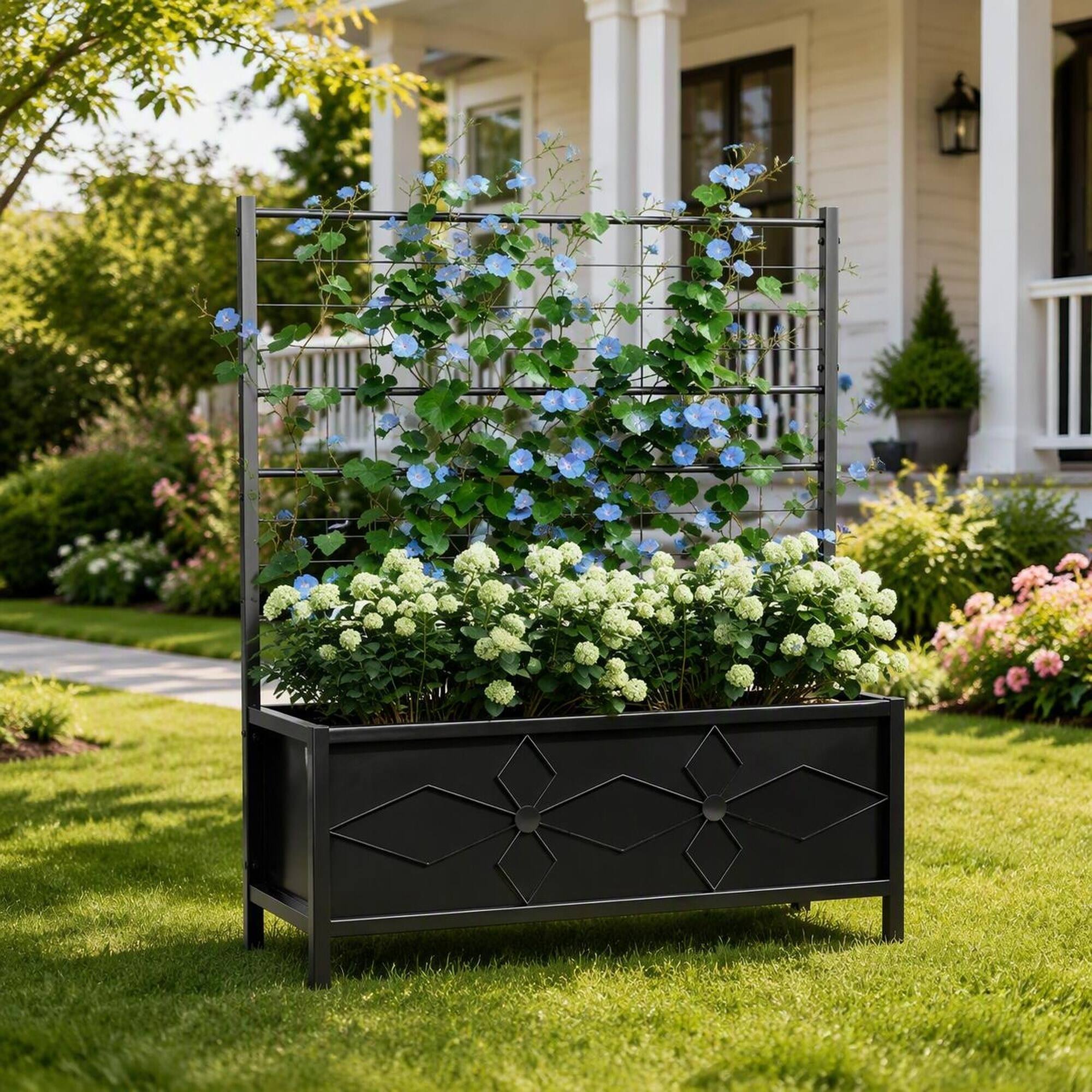 Alt View 1. RYHNUYNE - Galvanized Raised Garden Bed with Trellis for Climbing Vines, Black Steel Planter Box for Outdoor Vegetable - Black.