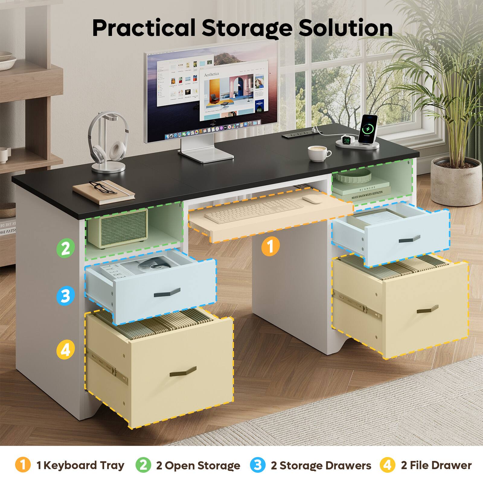 Practical Storage Solution

1. Keyboard Tray
2. Open Storage
3. Storage Drawers
4. File Drawer