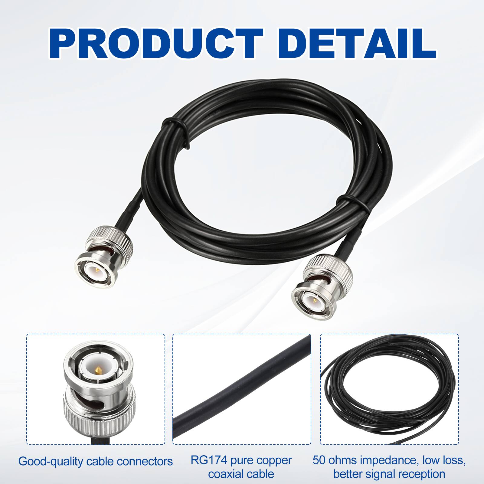 PRODUCT DETAIL

- Good-quality cable connectors
- RG174 pure copper coaxial cable
- 50 ohms impedance, low loss, better signal reception