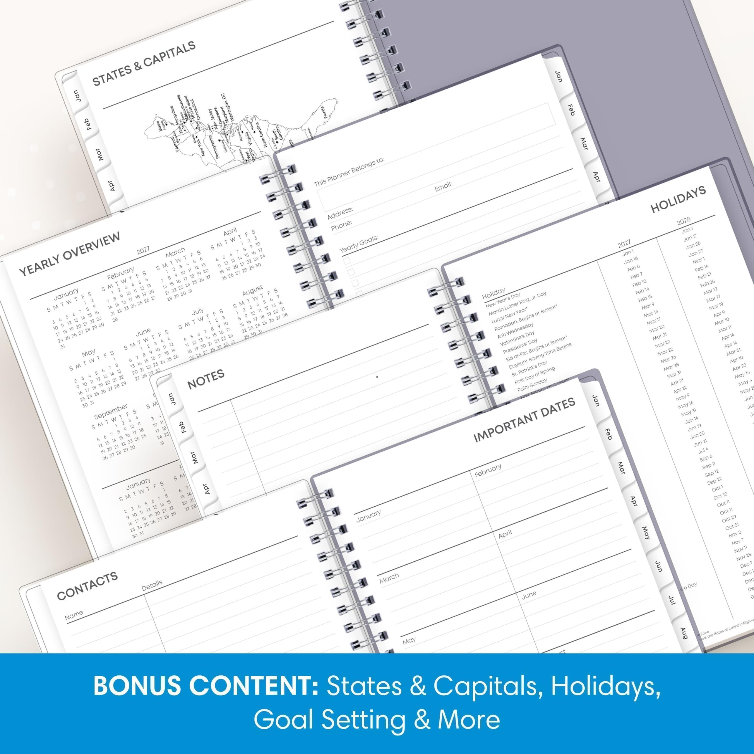 & CAPITALS STATES Jan Feb Mar Apr April OVERVIEW 0 2027 March 17 8 22 YEARLY February a If January SMTWTFS August SMTWTFS JUY 10 7 2 12 28 June May 19 19 20 22 22 23.24 NOTES 30.30 Jan September Feb M Mar January Apr M ! 0 3 c  1 De CONTACTS Details Name
100 Planner Belongs This Address: Phone: Yearly Goals: January March May
Jan Feb Mar Email: Apr HOLIDAYS 2028 Jon? 2027 Joh 17 JUNY JOH 27 Jon  Marl Ald t FOR AMB? feb21 Feb 10 AND Holiday Day RON YOUR Jr. No % New wther King MY9 Year" or Surset*  Regital MOT Mor Volentine's Day Surser* MYZ Aprilla Presidents or Begins time. paylight pay 2 FIVE DATES Jan IMPORTANT top JUNZO sep+ February Mar Sep Oct? Apr Oct l Oct# add Oct 29 Ourn