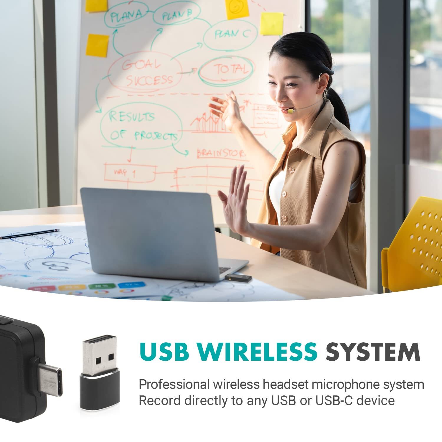 USB Wireless System

Professional wireless headset microphone system  
Record directly to any USB or USB-C device

Plan A Plan B Plan C  
Goal Success  
Total  
Results of Projects  
Brainstorm  
Stop