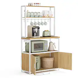 Songmics Home - Kitchen Bakers Rack with Power Outlet, Coffee Bar with 35.4-Inch High Worktop, Microwave Stand with 8 Hooks - Golden Oak and Cloud White