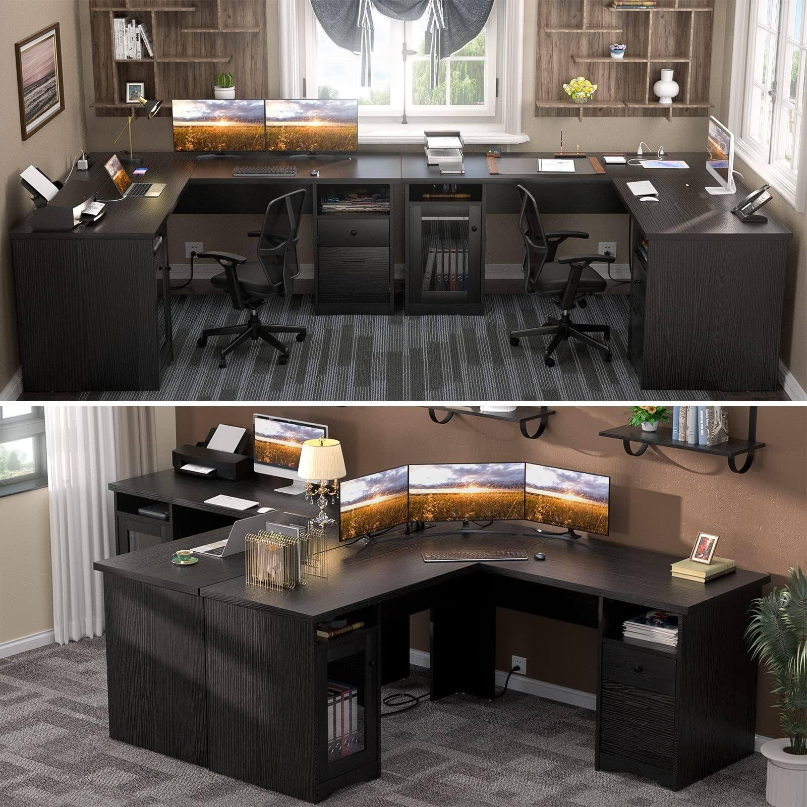 Alt View 2. Aheaplus - 60"L-Shaped Corner Desk - Sturdy 2-Person Executive Desk with Storage/File Cabinets & Power/USB Ports - Black.