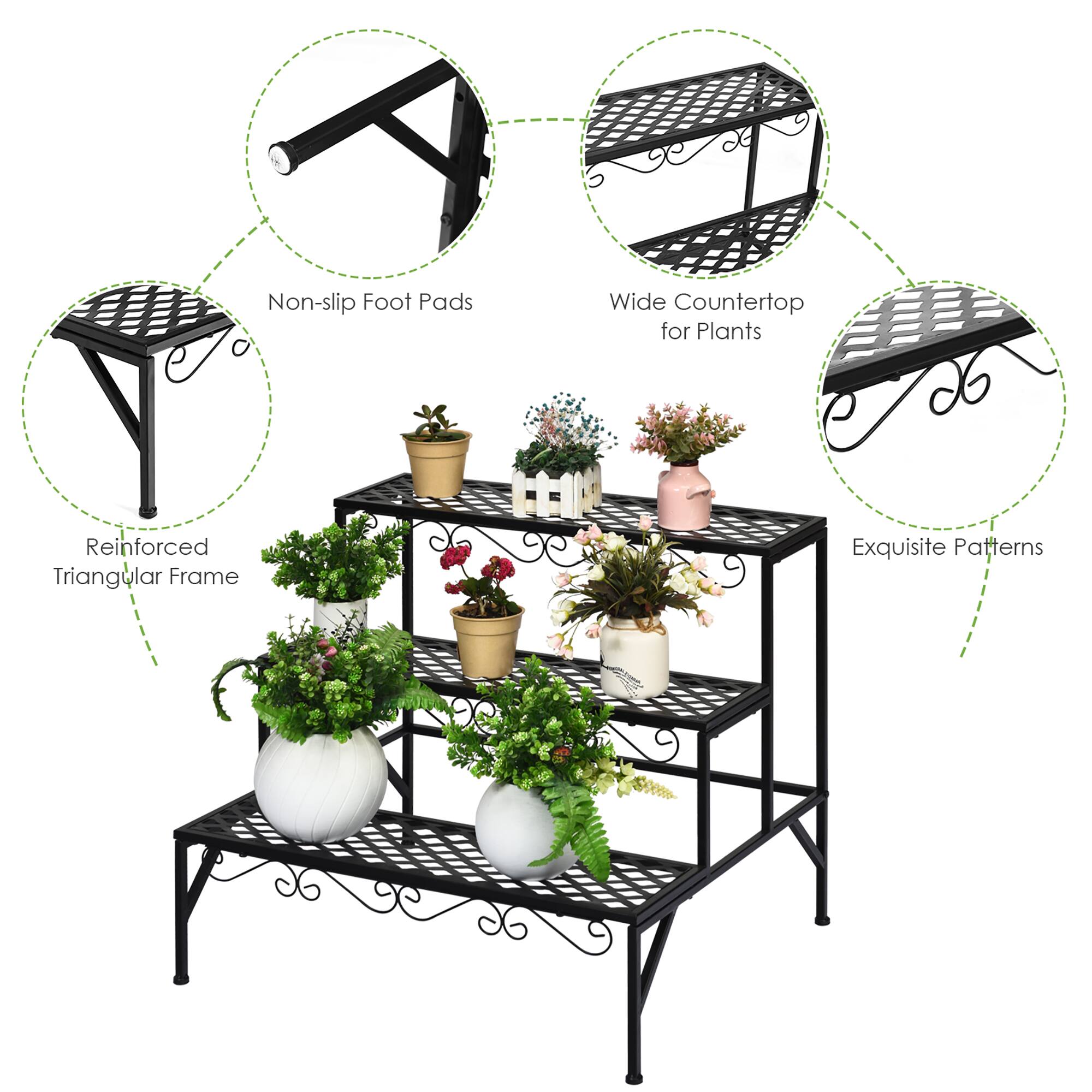 The image shows a metal shelf with multiple potted plants on it. The shelf is described as having non-slip foot pads, a wide countertop for plants, reinforced triangular frame, and exquisite patterns. The plants are arranged in various sizes and positions, creating a visually appealing display.