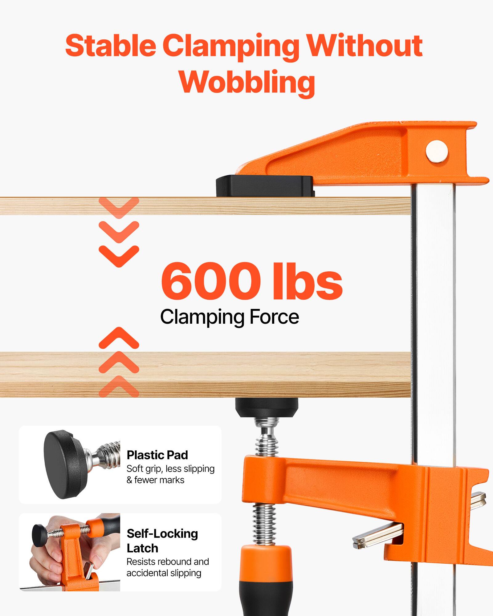Stable Clamping Without Wobbling  
600 lbs Clamping Force  
Plastic Pad: Soft grip, less slipping & fewer marks  
Self-Locking Latch: Resists rebound and accidental slipping