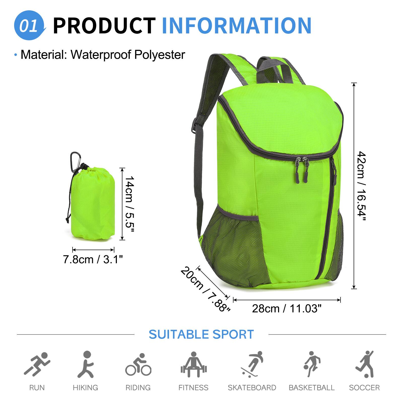 01 PRODUCT INFORMATION  
- Material: Waterproof Polyester  

Dimensions:  
- Height: 42cm / 16.54"  
- Width: 28cm / 11.03"  
- Depth: 14cm / 5.5"  
- Bottom Depth: 7.8cm / 3.1"  

SUITABLE SPORT  
- RUN  
- HIKING  
- RIDING  
- FITNESS  
- SKATEBOARD  
- BASKETBALL  
- SOCCER