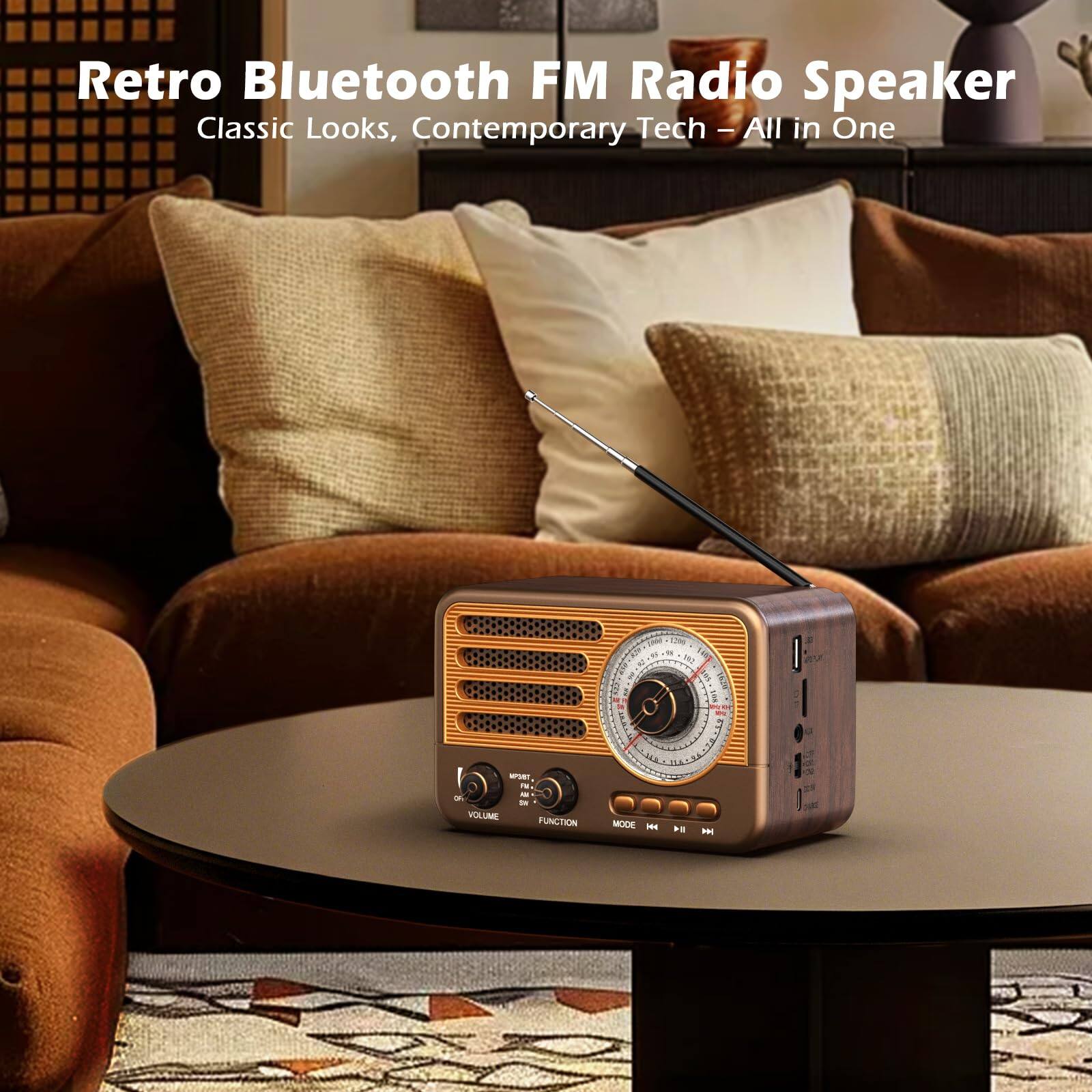 Retro Bluetooth FM Radio Speaker  
Classic Looks, Contemporary Tech – All in One