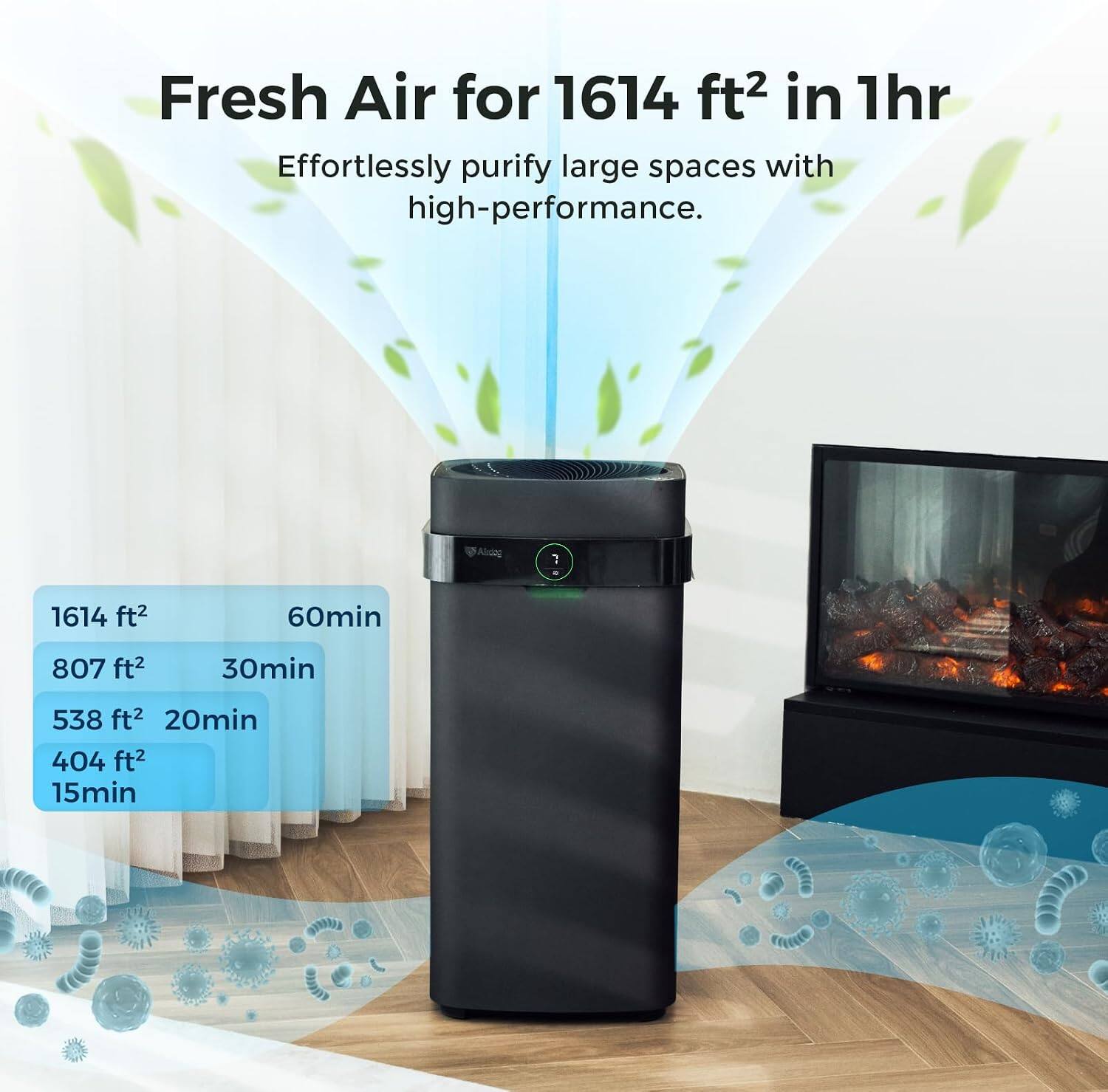 Fresh Air for 1614 ft² in 1hr  
Effortlessly purify large spaces with high-performance.

1614 ft²  
60min

807 ft²  
30min

538 ft²  
20min

404 ft²  
15min