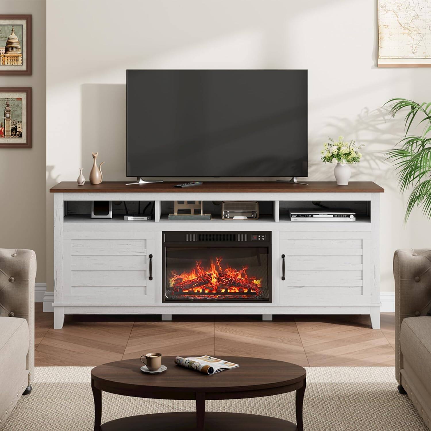 Alt View 1. Jojoka - 71" Farmhouse TV Stand with 23" Electric Fireplace, Adjustable Storage, Media Console for Living Room & Bedroom - White.