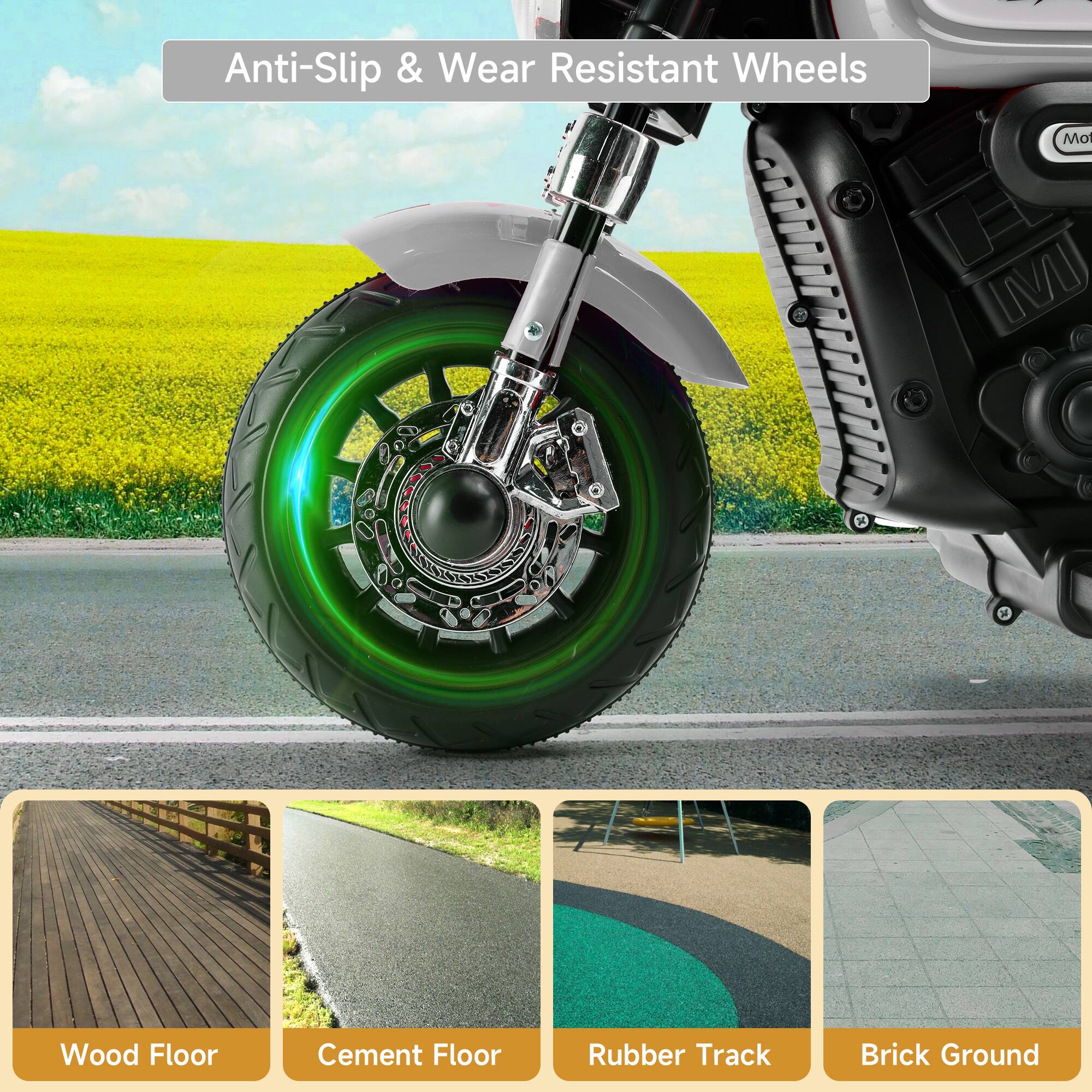 Anti-Slip & Wear Resistant Wheels

Wood Floor  
Cement Floor  
Rubber Track  
Brick Ground