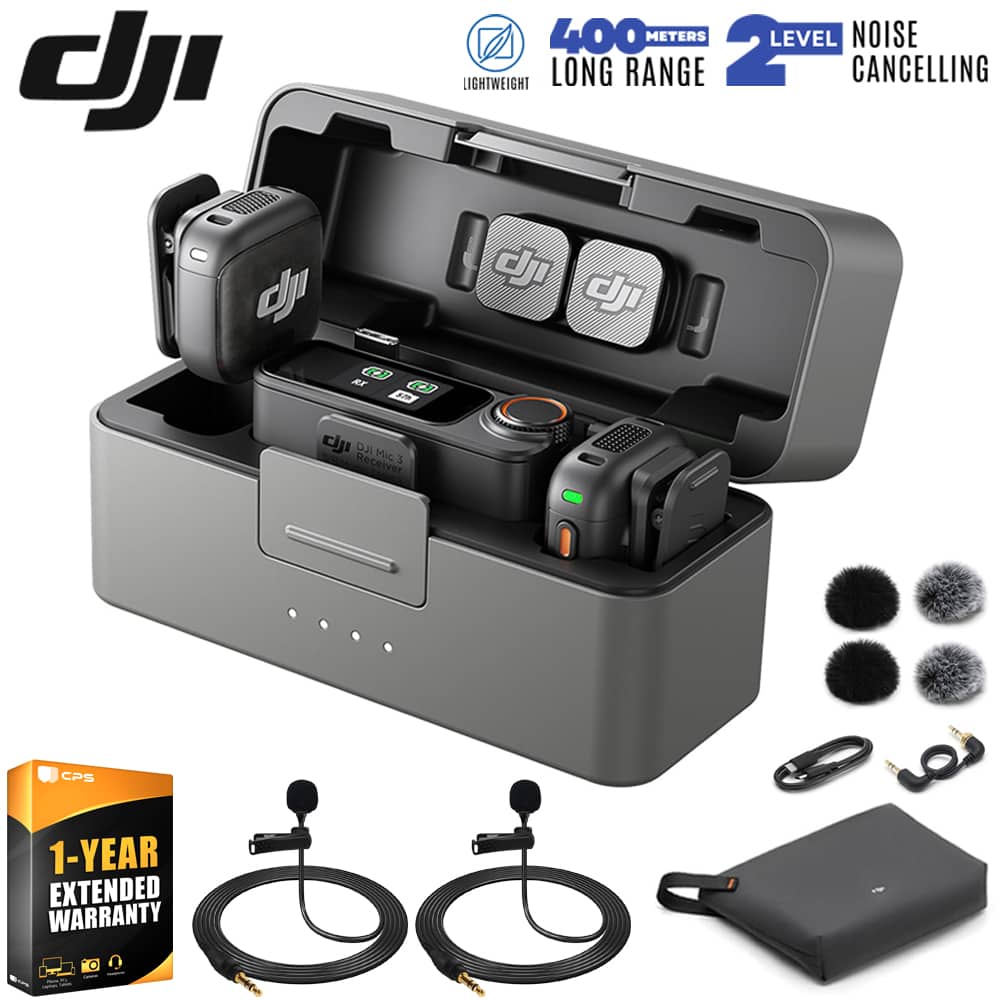 DJI - Mic 3 (2 TX + 1 RX + Charging Case) Mini Wireless Microphone + 1 Year Warranty Kit