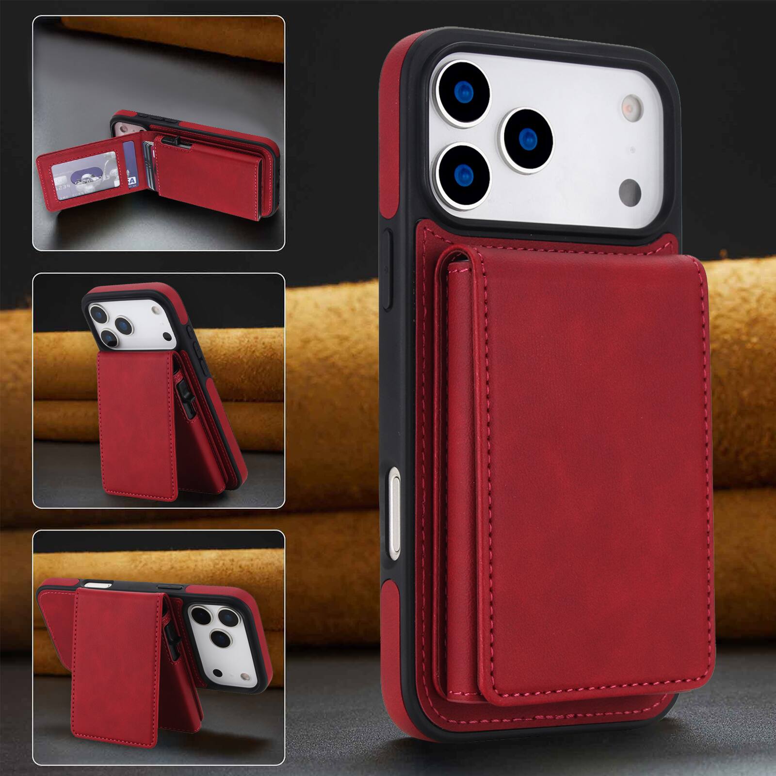 Alt View 5. Dteck - 2-in-1 Magnetic Wallet Case for Apple iPhone 17 Pro, Detachable Folio Cover with RFID Blocking & Dual Kickstand - Red.