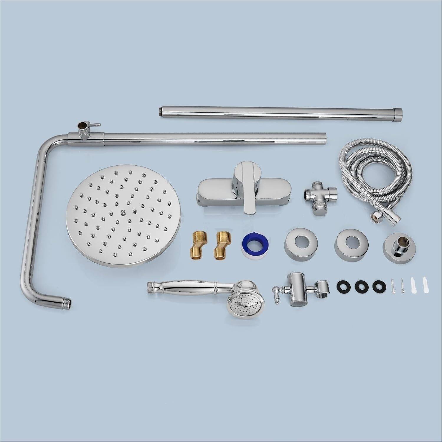 Left. Dazzed Corner - Exposed Shower System, 8" Rainfall Head & Handheld Spray - Chrome.