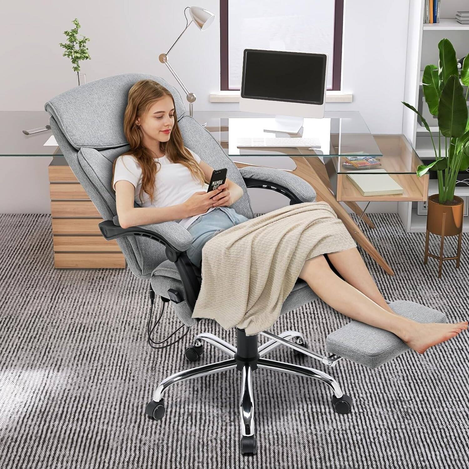 Angle. U-HOMY - Massage Reclining Office Chair – Ergonomic High Back with Breathable Fabric and Retractable Footrest - Light Gray.