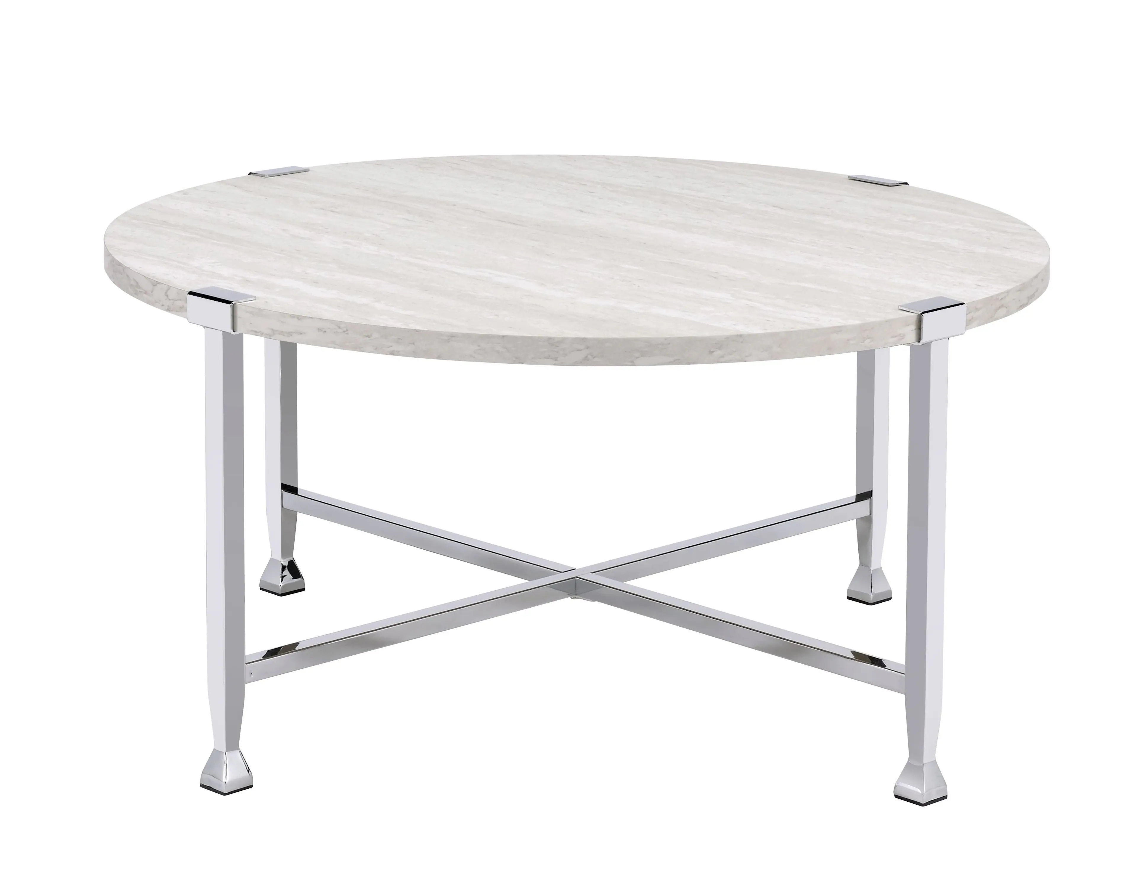 Alt View 1. Manhattan Lane - Coffee Table with X Shaped Metal Base and Round Wooden Top - Silver and Beige.