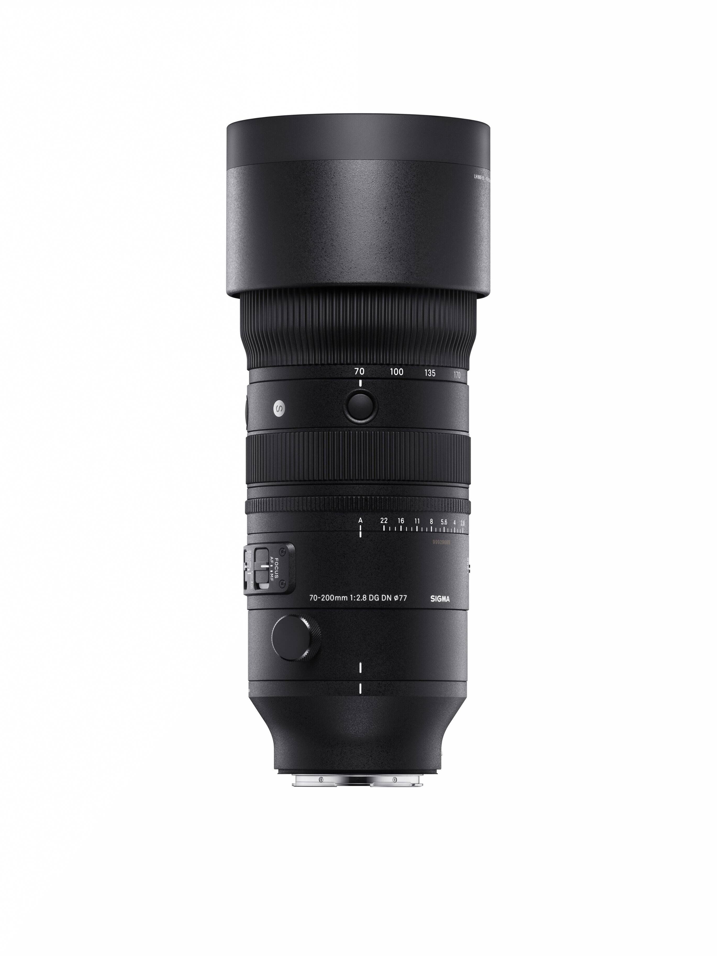 The text on the image reads: "70-200mm 1:2.8 DG DN 077 SIGMA." This indicates that the lens is a Sigma 70-200mm f/2.8 DG DN lens.