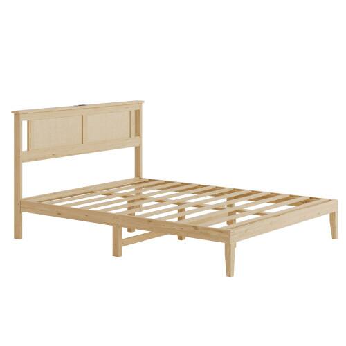Alt View 5. Winado - Rattan Bed Frame with Rattan Headboard Boho Wooden Platform Bed with Charging Station and Underbed Storage for Bedroom - Natural, Queen Size.