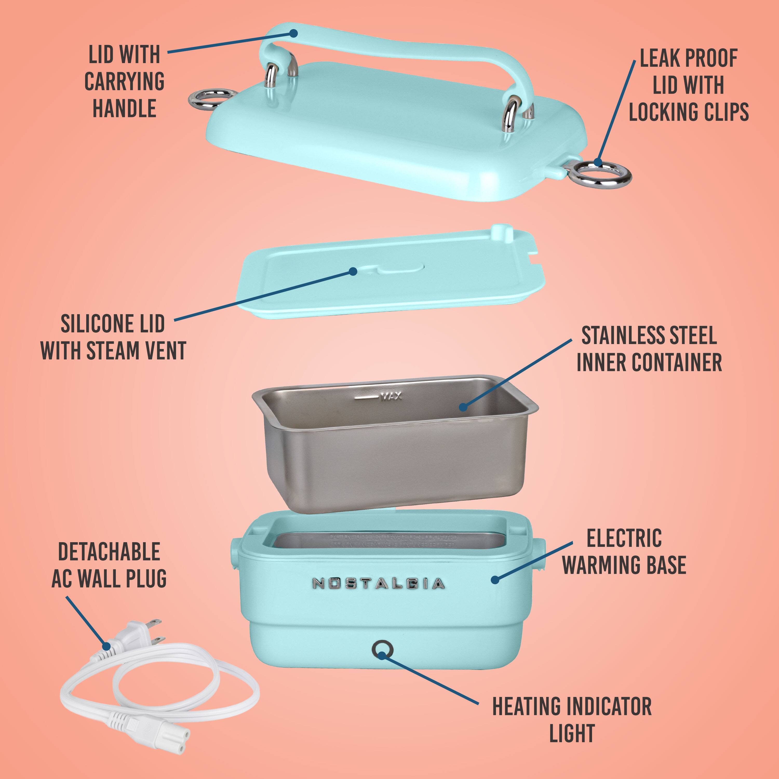 LID WITH CARRYING HANDLE  
LEAK PROOF LID WITH LOCKING CLIPS  
SILICONE LID WITH STEAM VENT  
STAINLESS STEEL INNER CONTAINER  
DETACHABLE AC WALL PLUG  
NOSTALBIA  
ELECTRIC WARMING BASE  
HEATING INDICATOR LIGHT