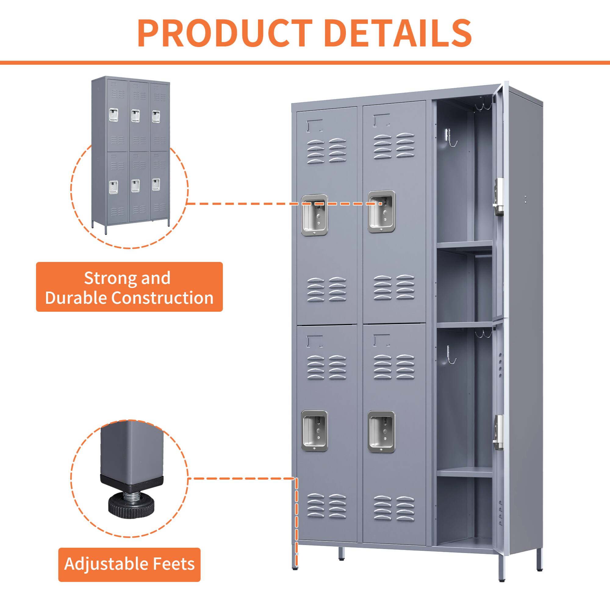 Back. GOODSILO - 6-Door Full-Height Steel Storage Locker Cabinet with Key Locks for Secure Organization - Gray.