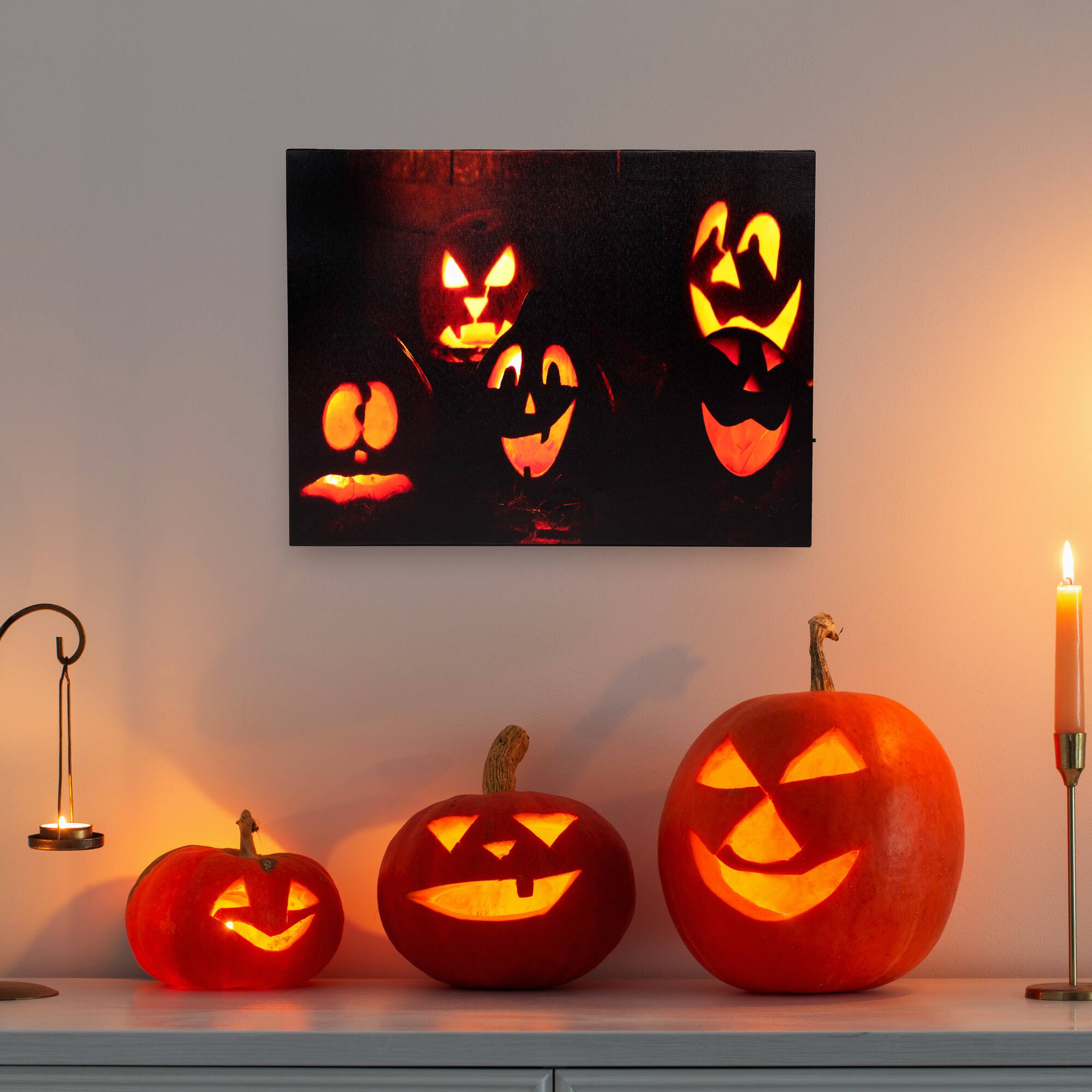 Front. Northlight - LED Lighted Silly Jack-O-Lanterns Halloween Canvas Wall Art - 15.75" x 12" - Black.