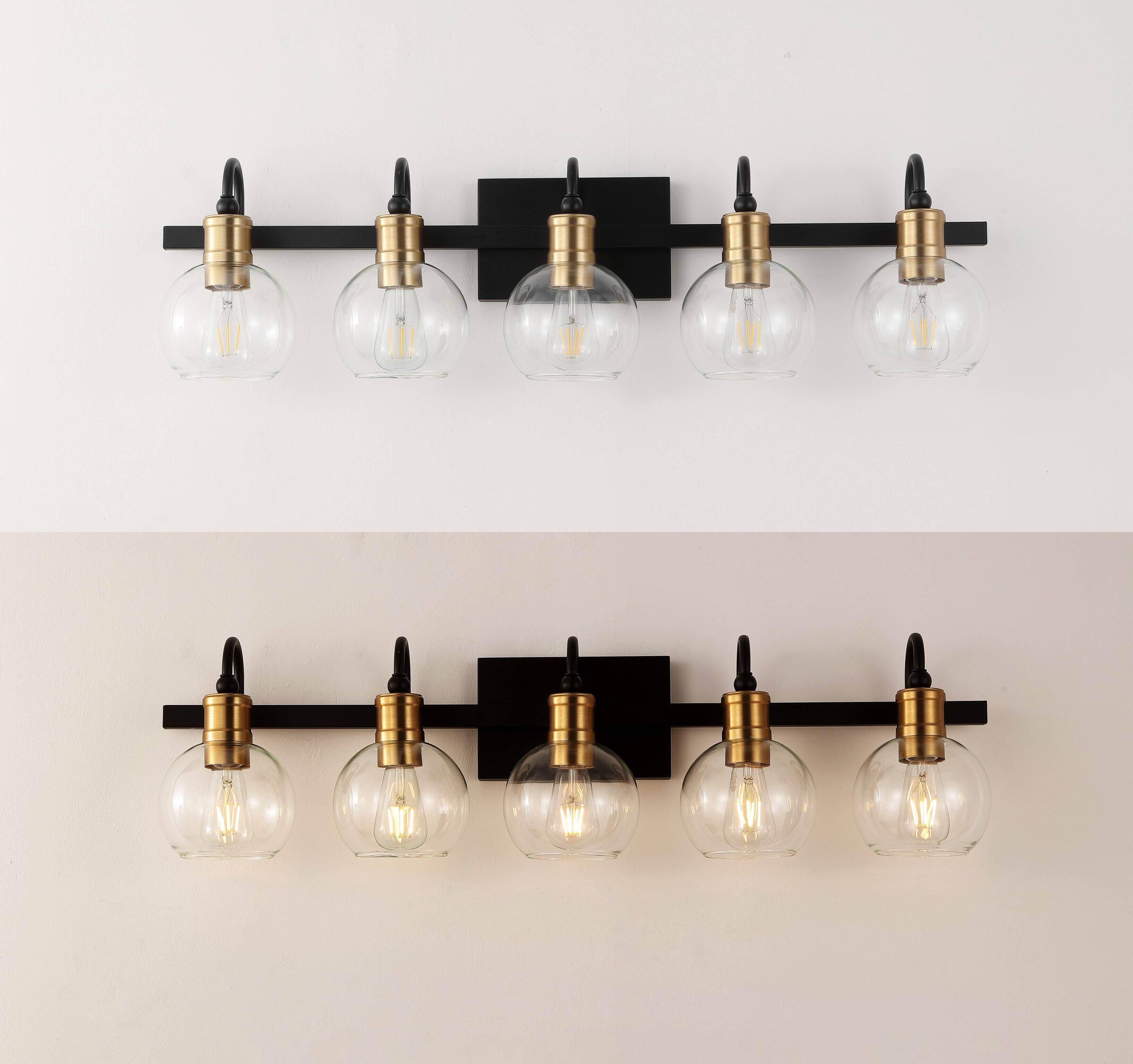 Alt View 4. Jonathan Y - Marais 36.5" 5-Light Iron/Glass Rustic Vintage LED Vanity Light, Black/Brass Gold - Black/Brass Gold.